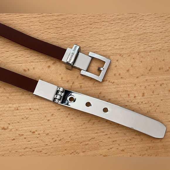 Women’s Michael Kors Skinny Brown Leather With Silver Metal Buckle Waist Belt - Picture 5 of 8